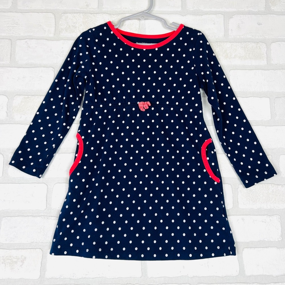 Healthtex Girls Navy Blue Polka Dot Long Sleeve Dress Pink Trim 4T